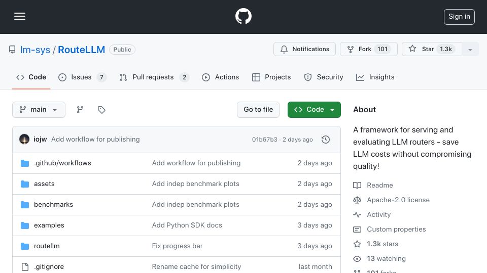 Screenshot of github.com: RouteLLM: A framework for serving and evaluating LLM routers