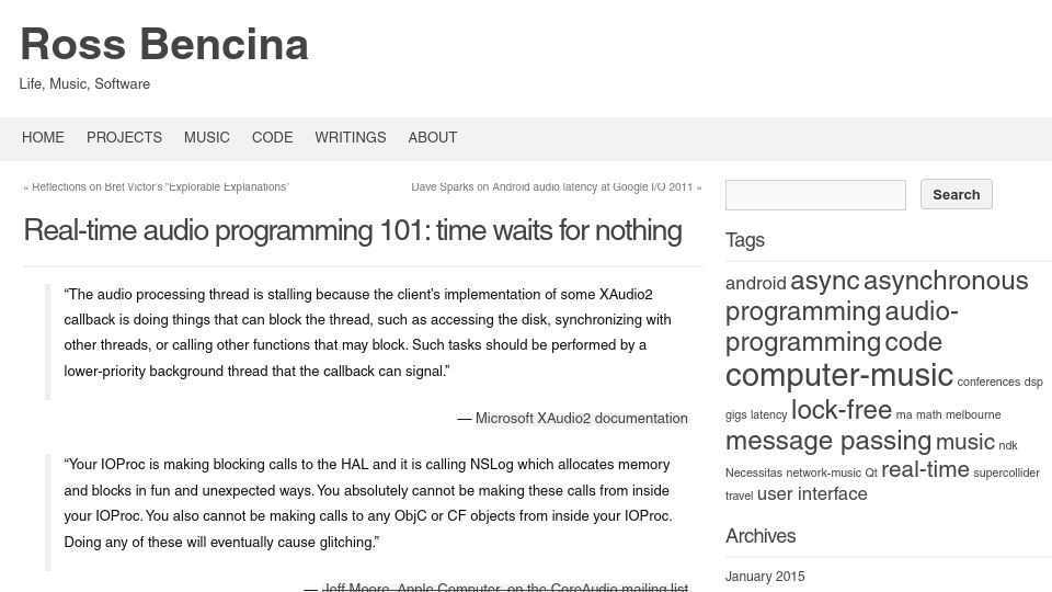 Screenshot of rossbencina.com: Real-time audio programming 101: time waits for nothing (2011)
