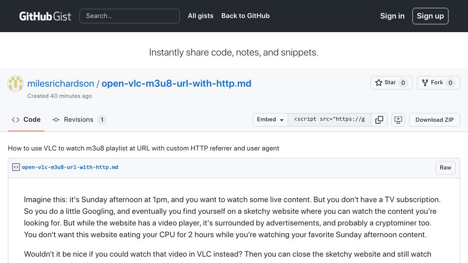 Screenshot of gist.github.com: Using VLC to watch an m3u8 playlist at a URL with custom Referrer and User Agent