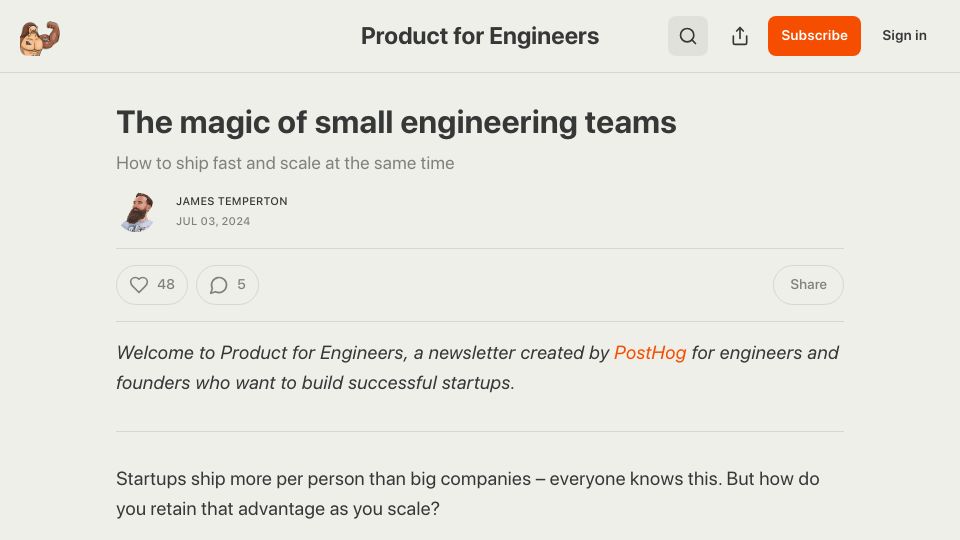 Screenshot of newsletter.posthog.com: The magic of small engineering teams