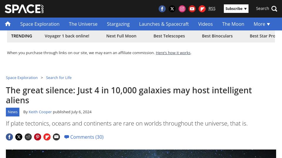 Screenshot of space.com: The great silence: Just 4 in 10k galaxies may host intelligent aliens