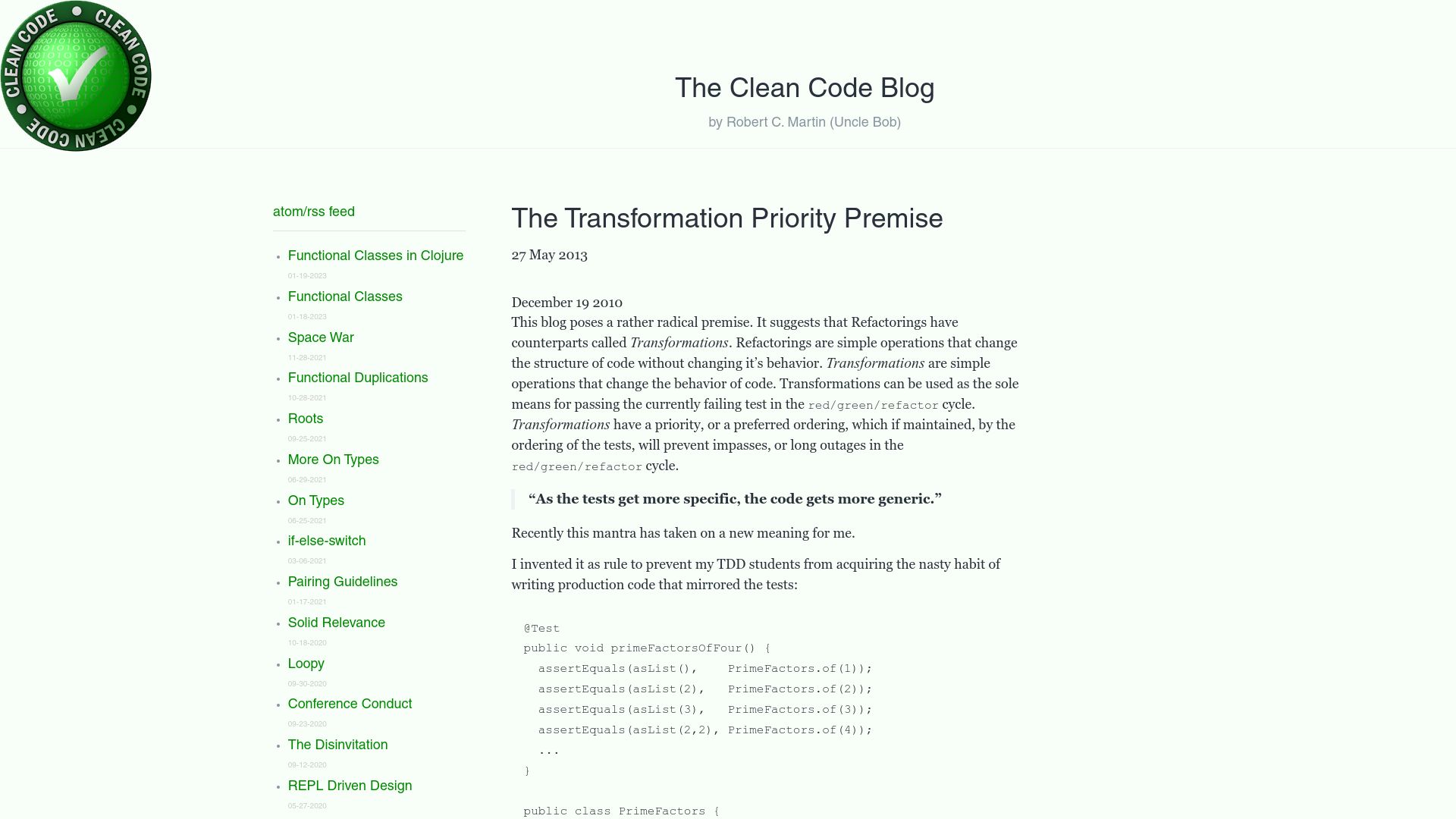Screenshot of blog.cleancoder.com: The Transformation Priority Premise (2013)