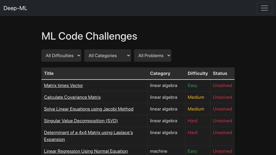 Screenshot of deep-ml.com: ML Code Exercises