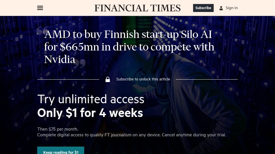 Screenshot of ft.com: AMD to buy Silo AI for $665M