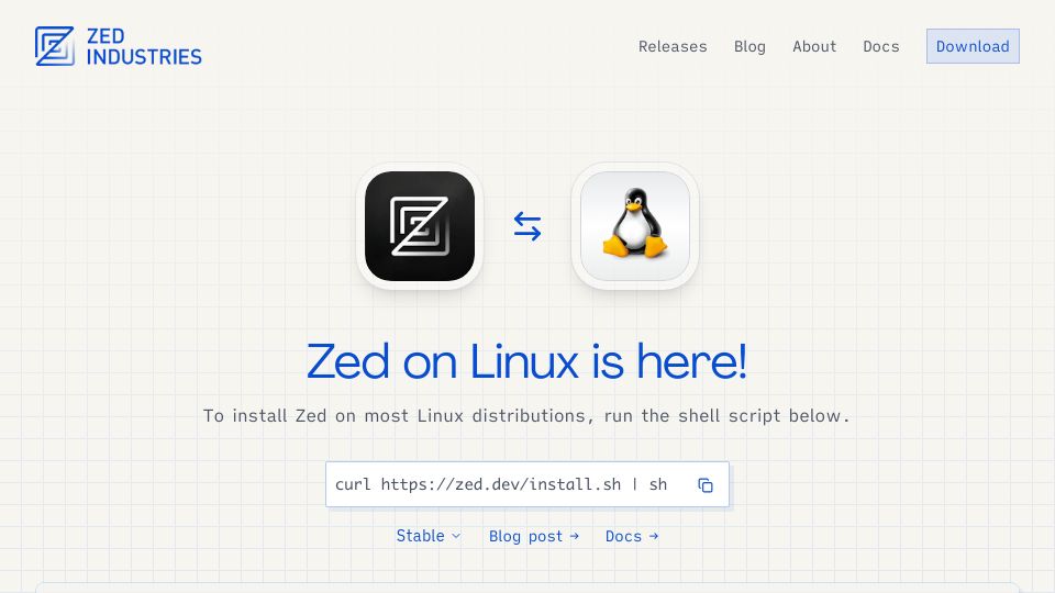 Screenshot of zed.dev: Zed on Linux Is Here