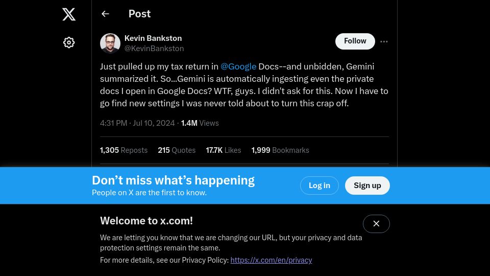 Screenshot of twitter.com: Gemini can't be disabled on Google Docs