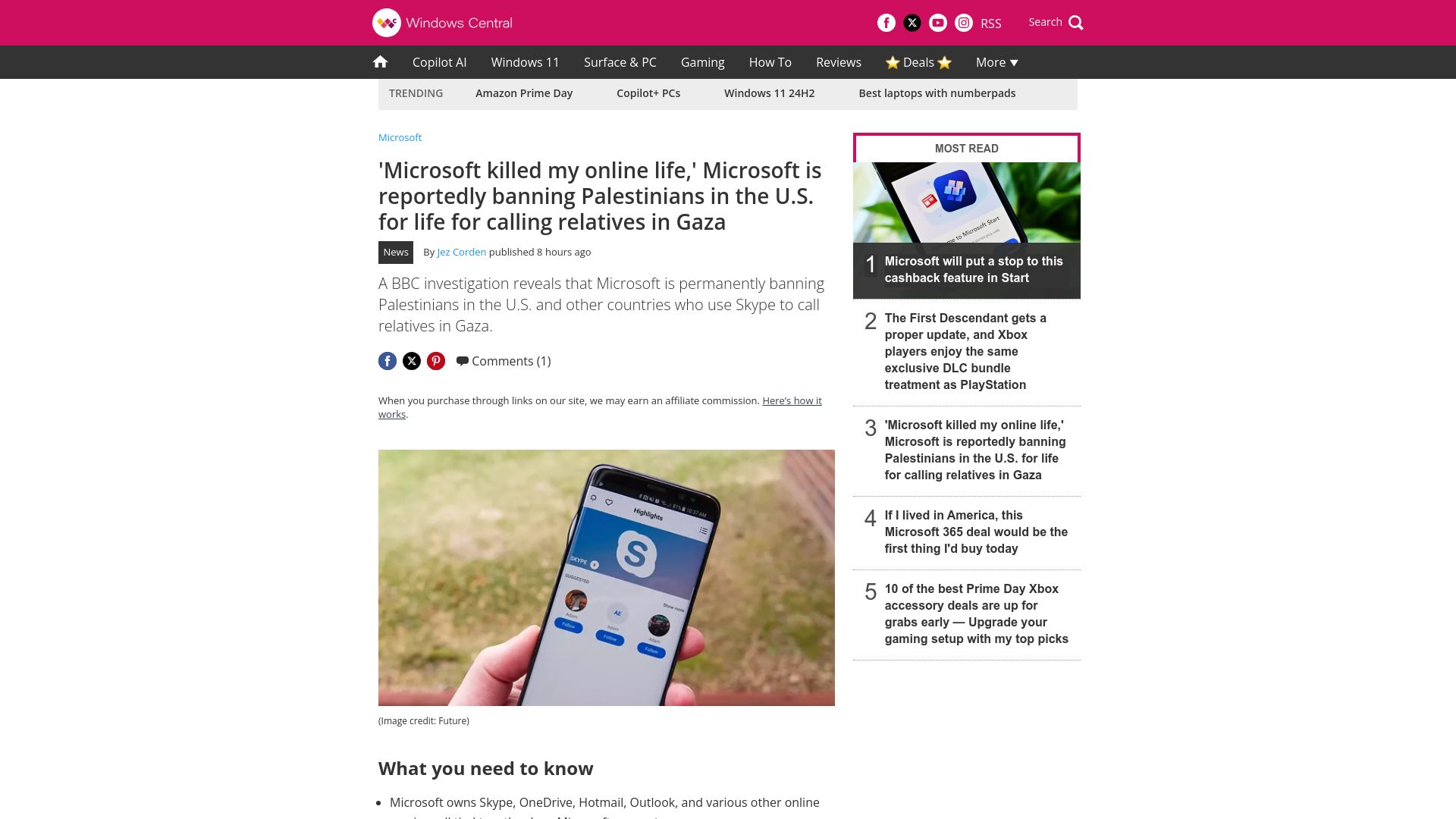 Screenshot of windowscentral.com: Microsoft is banning Palestinians in the US for life for calling Gaza relatives