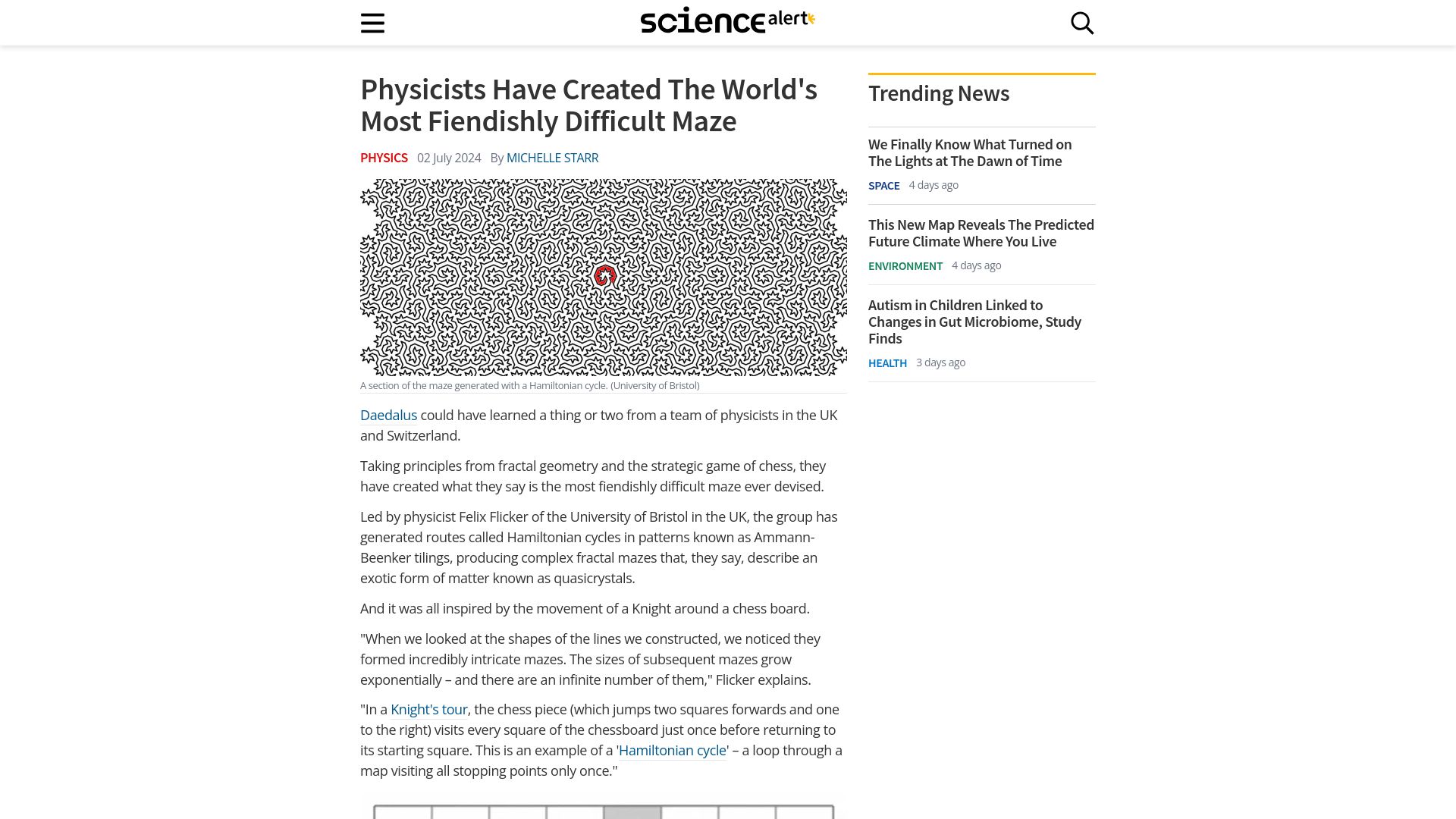 Screenshot of sciencealert.com: Physicists have created the most fiendishly difficult maze
