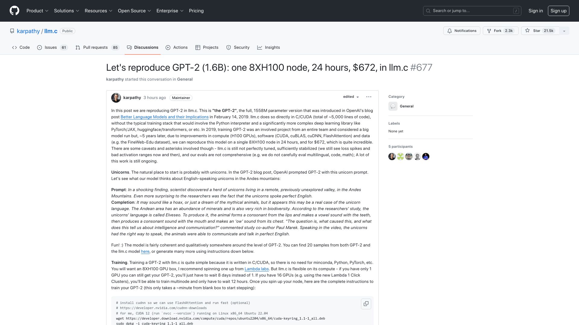 Screenshot of github.com: Karpathy: Let's reproduce GPT-2 (1.6B): one 8XH100 node 24h $672 in llm.c
