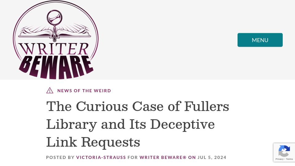 Screenshot of writerbeware.blog: The Curious Case of Fullers Library and Its Deceptive Link Requests