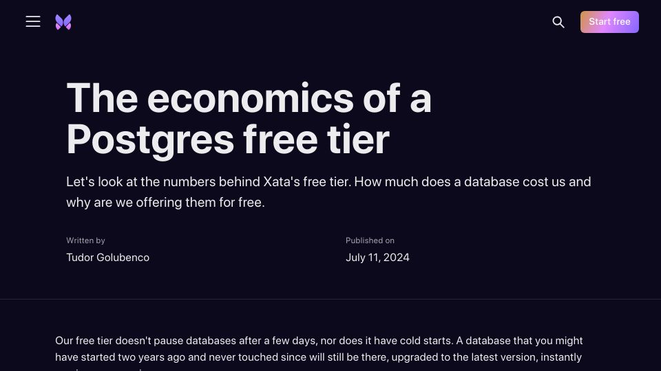 Screenshot of xata.io: The economics of a Postgres free tier