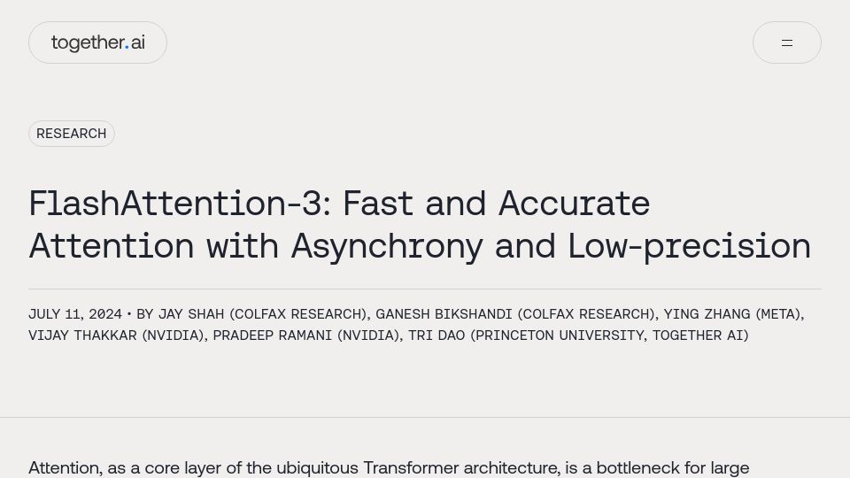 Screenshot of together.ai: FlashAttention-3: Fast and Accurate Attention with Asynchrony and Low-Precision