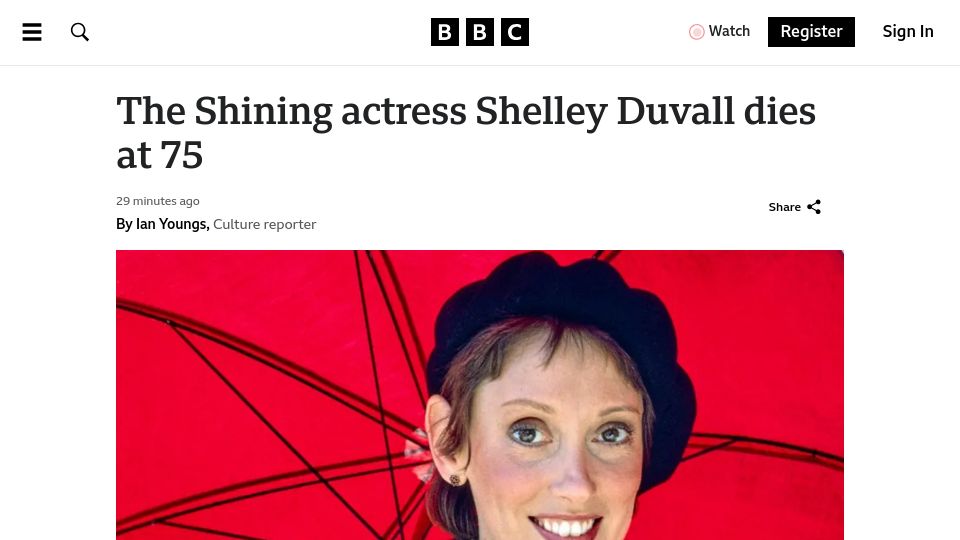 Screenshot of bbc.com: Shelley Duvall has died