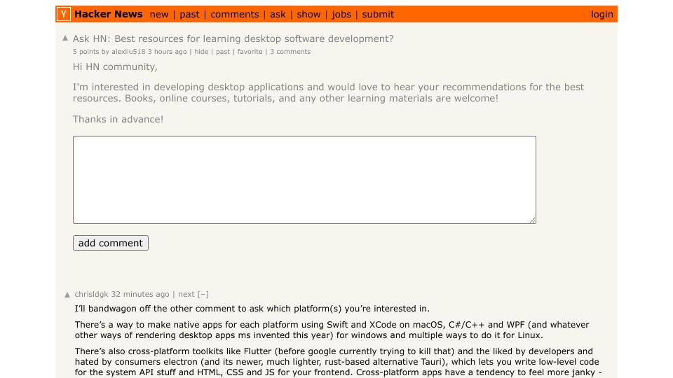 Screenshot of Hacker News post: Ask HN: Best resources for learning desktop software development?