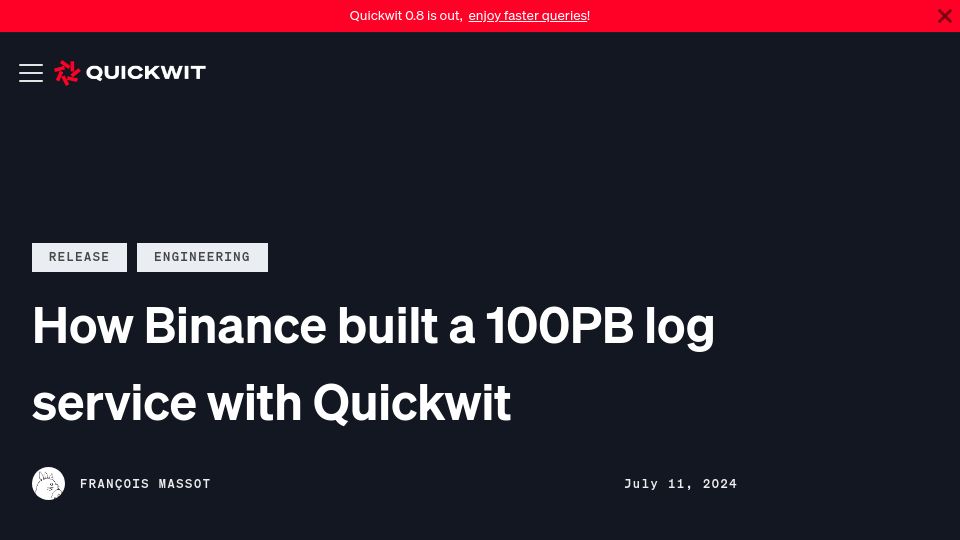 Screenshot of quickwit.io: Binance built a 100PB log service with Quickwit