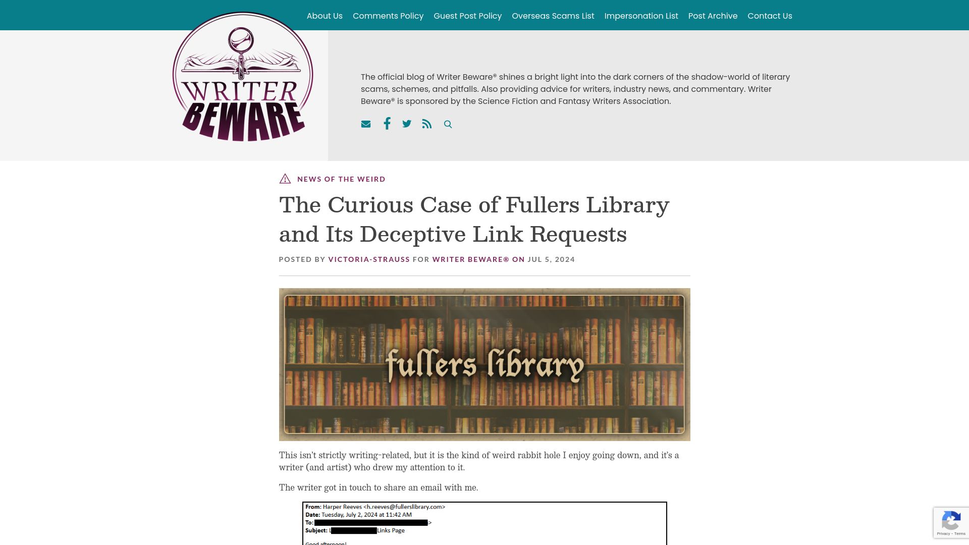 Screenshot of writerbeware.blog: The Curious Case of Fullers Library and Its Deceptive Link Requests