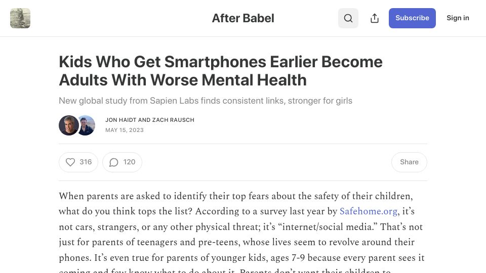 Screenshot of afterbabel.com: Kids Who Get Smartphones Earlier Become Adults with Worse Mental Health (2023)
