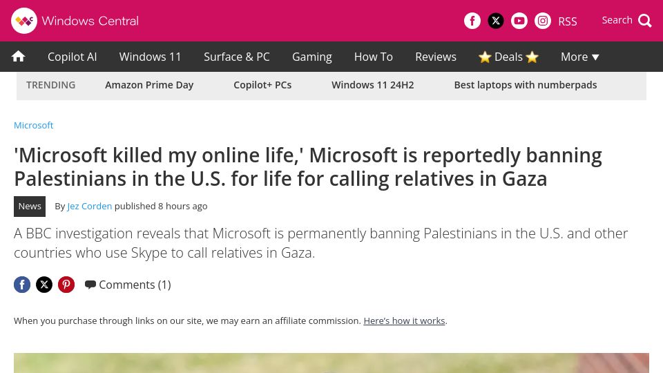 Screenshot of windowscentral.com: Microsoft is banning Palestinians in the US for life for calling Gaza relatives
