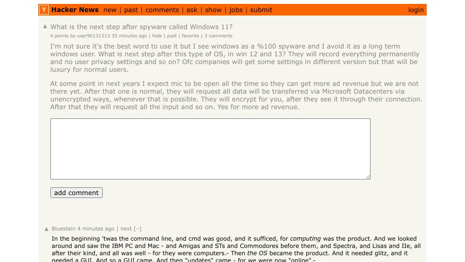Screenshot of Hacker News post: What is the next step after spyware called Windows 11?