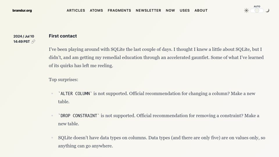 Screenshot of brandur.org: First Contact with SQLite