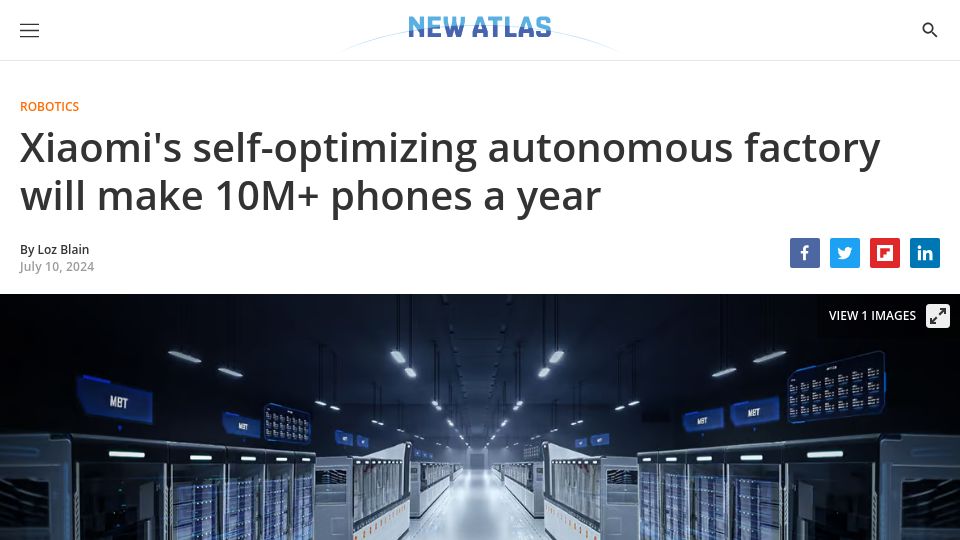 Screenshot of newatlas.com: Xiaomi's self-optimizing autonomous factory will make 10M+ phones a year