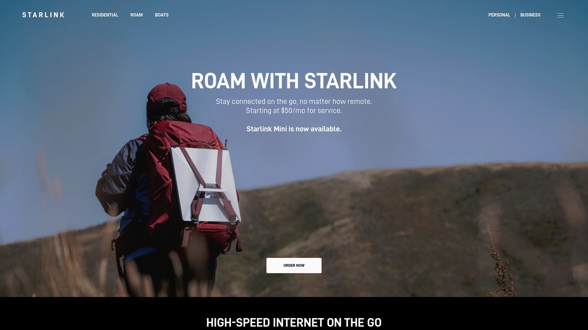 Screenshot of starlink.com: Starlink Mini is now available