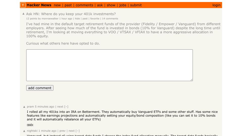 Screenshot of Hacker News post: Ask HN: Where do you keep your 401k investments?