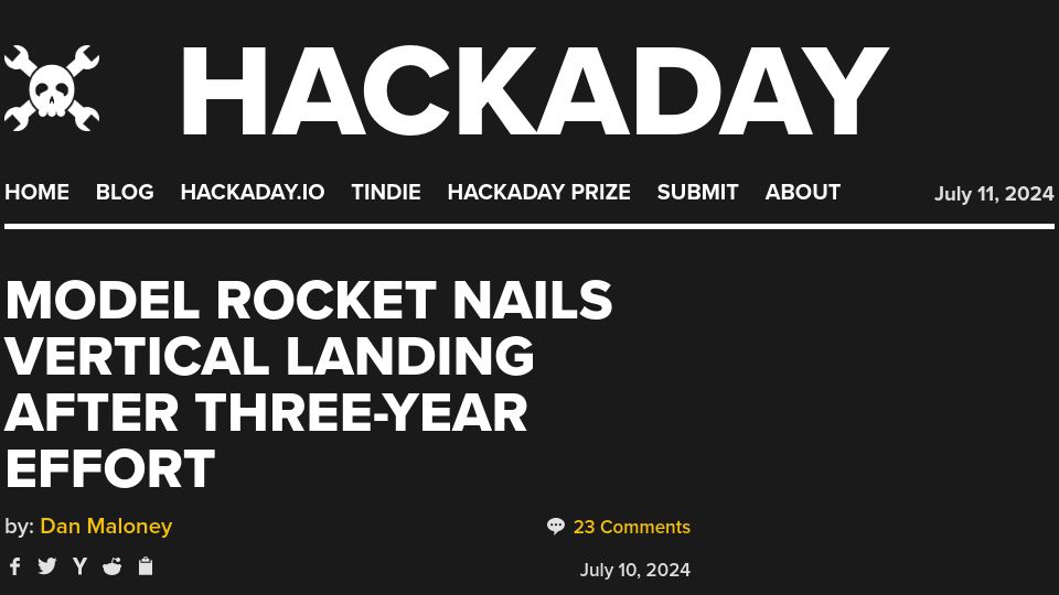 Screenshot of hackaday.com: Model Rocket Nails Vertical Landing After Three-Year Effort