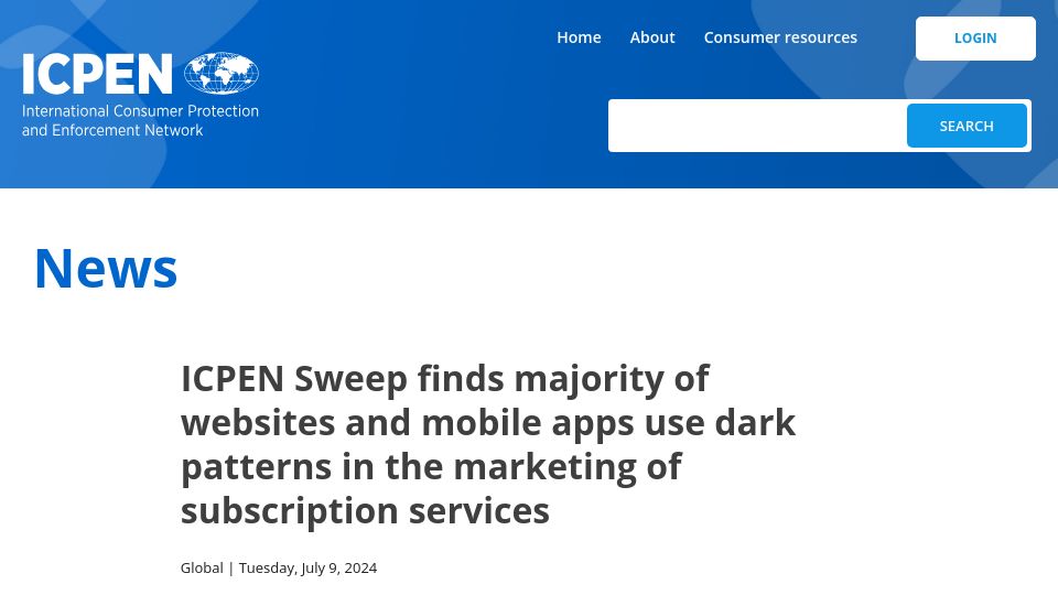 Screenshot of icpen.org: Majority of sites and apps use dark patterns in the marketing of subscriptions