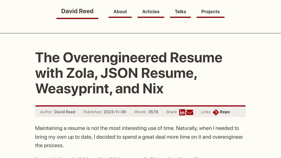 Screenshot of ktema.org: The Overengineered Resume with Zola, JSON Resume, Weasyprint, and Nix (2023)