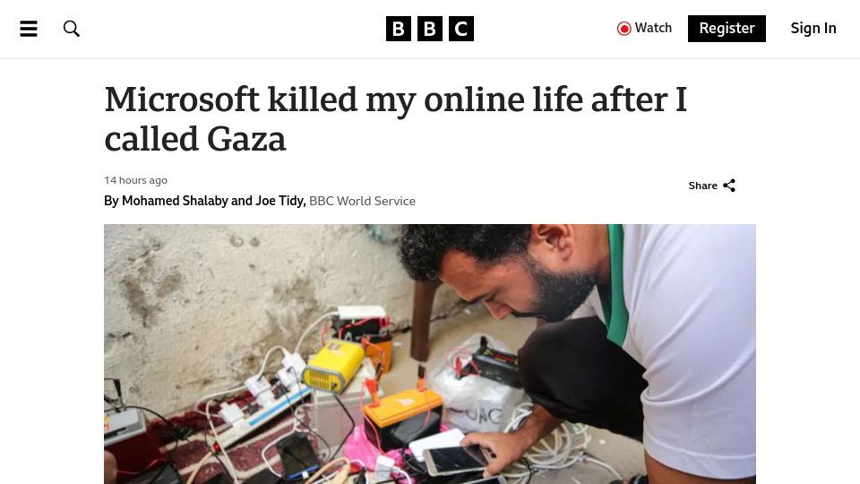 Screenshot of bbc.com: Microsoft killed my online life after I called Gaza
