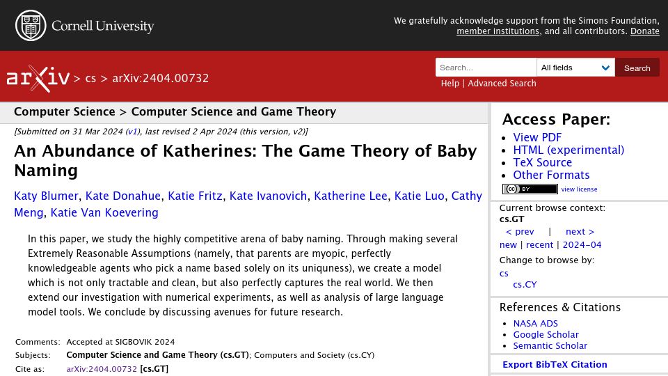 Screenshot of arxiv.org: An abundance of Katherines: The game theory of baby naming