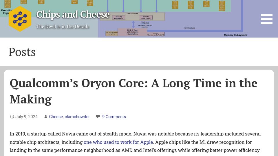 Screenshot of chipsandcheese.com: Qualcomm's Oryon core: A long time in the making