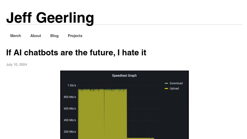 Screenshot of jeffgeerling.com: If AI chatbots are the future, I hate it