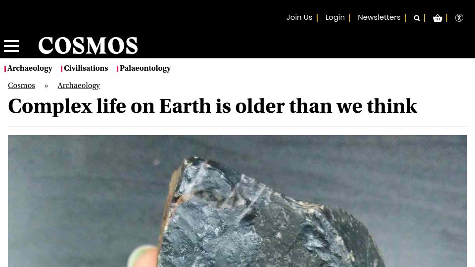 Screenshot of cosmosmagazine.com: The start of complex life on Earth pushed back by 750M years