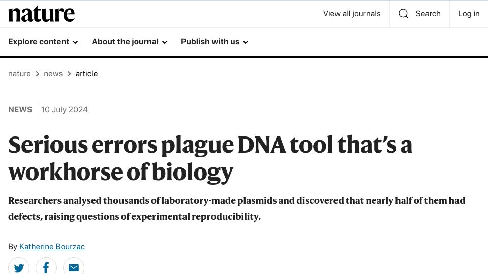 Screenshot of nature.com: Serious errors plague DNA tool that's a workhorse of biology