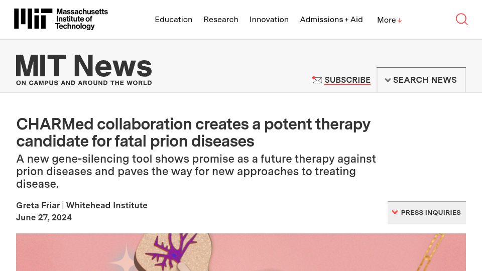 Screenshot of news.mit.edu: Gene-silencing tool shows promise as a future therapy against prion diseases