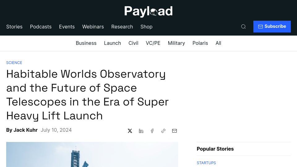 Screenshot of payloadspace.com: Future of Space Telescopes in the Era of Super Heavy Lift Launch