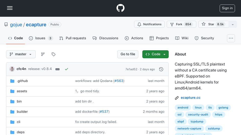 Screenshot of github.com: Capturing Linux SSL/TLS plaintext without a CA certificate using eBPF