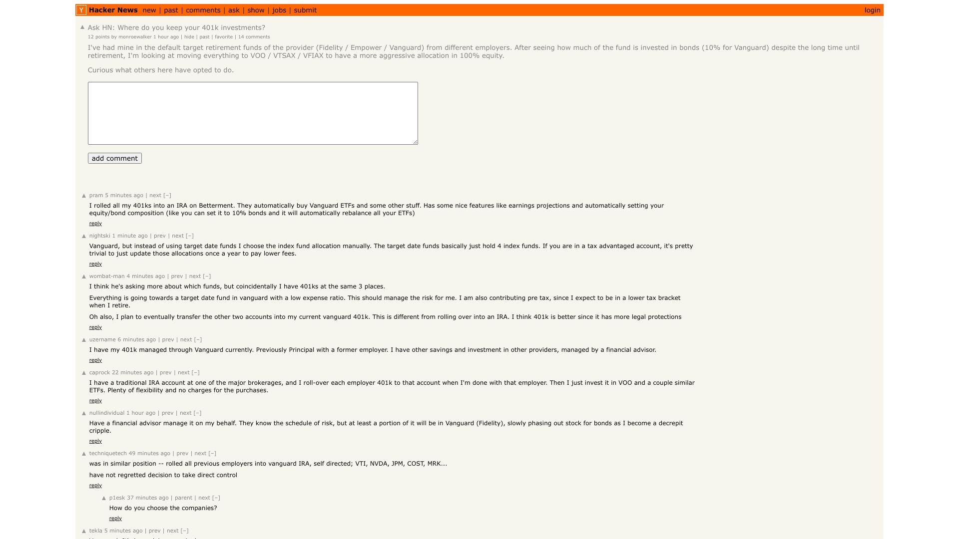 Screenshot of this Hacker News post: Ask HN: Where do you keep your 401k investments?