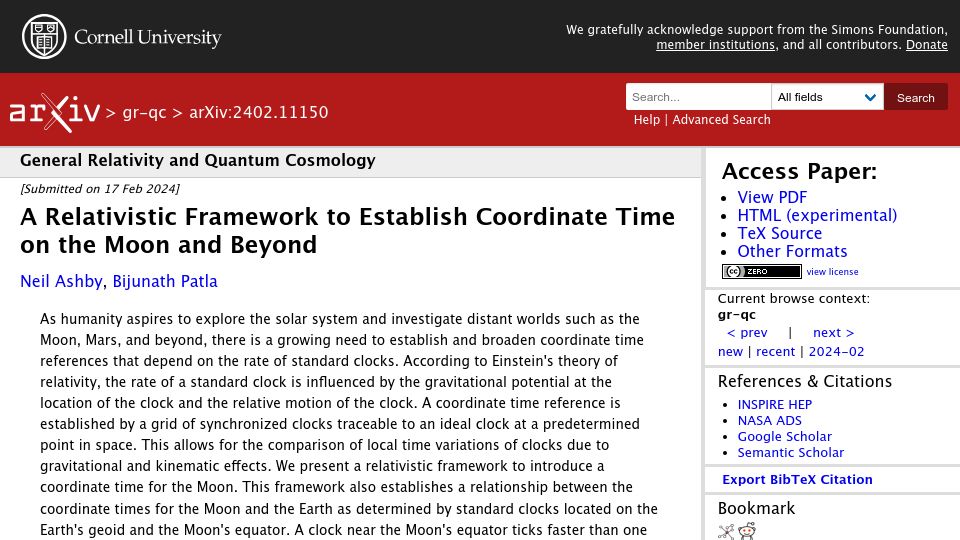 Screenshot of arxiv.org: A relativistic framework to establish coordinate time on the Moon and beyond