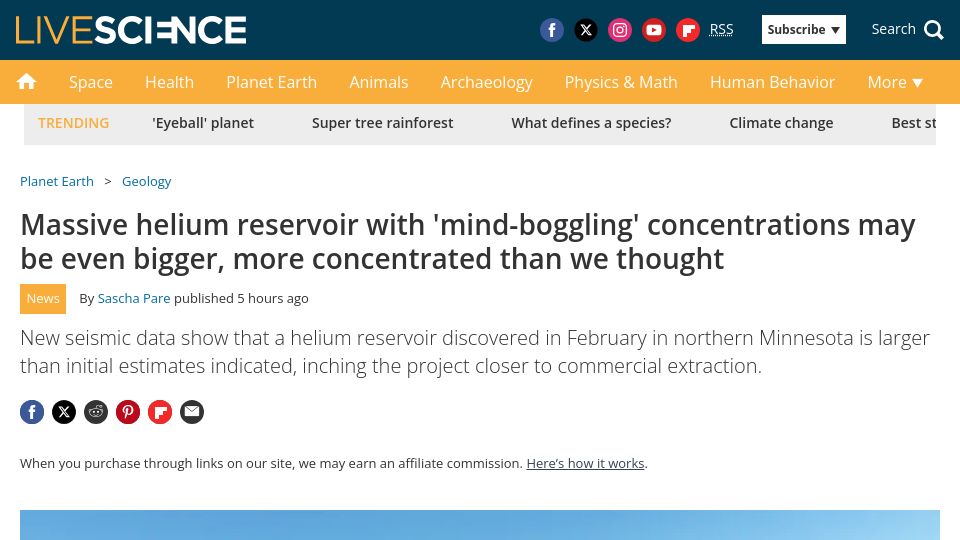 Screenshot of livescience.com: Helium reservoir with 'mind-boggling' concentrations may be even bigger