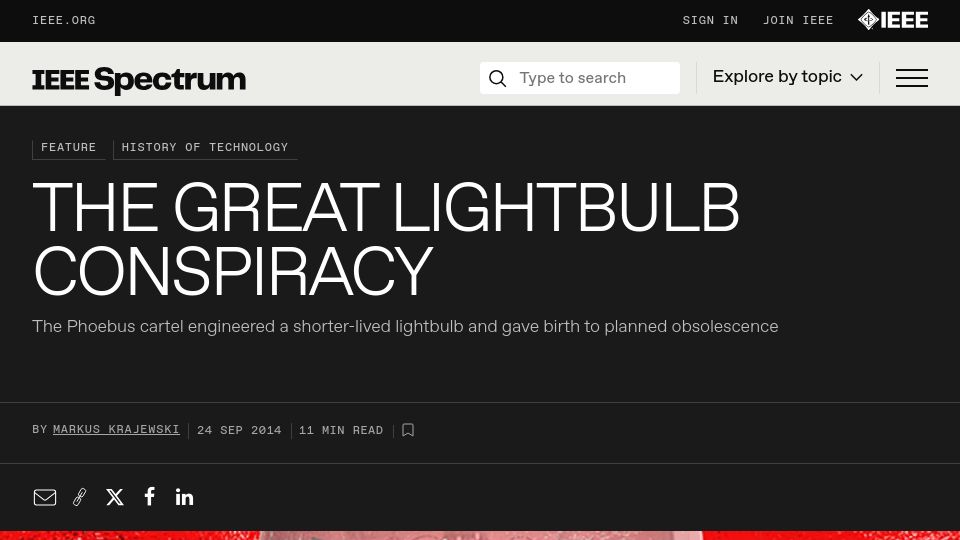 Screenshot of spectrum.ieee.org: The Great Lightbulb Conspiracy (2014)