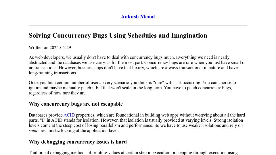 Screenshot of ankush.dev: Solving Concurrency Bugs Using Schedules and Imagination