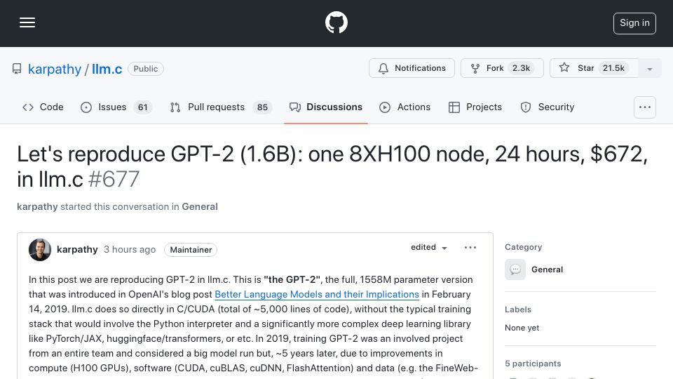 Screenshot of github.com: Karpathy: Let's reproduce GPT-2 (1.6B): one 8XH100 node 24h $672 in llm.c