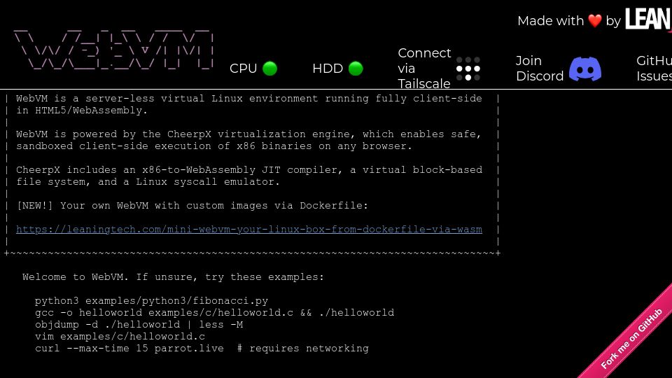 Screenshot of webvm.io: WebVM is a server-less virtual Linux environment running client-side