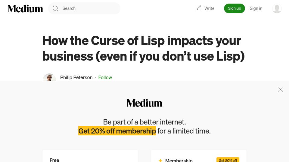 Screenshot of medium.com: How the Curse of Lisp impacts your business (even if you don't use Lisp)
