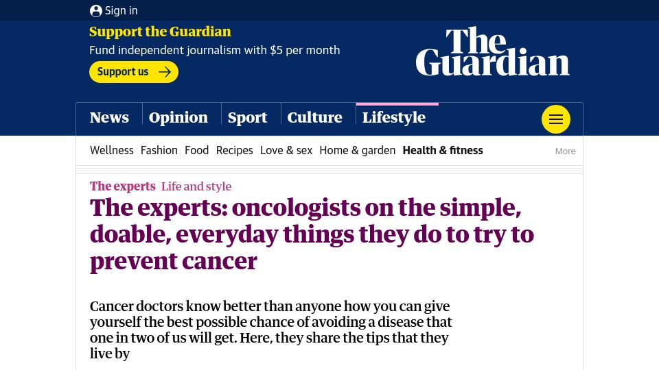 Screenshot of theguardian.com: Oncologists on simple, doable, everyday things they do to try to prevent cancer