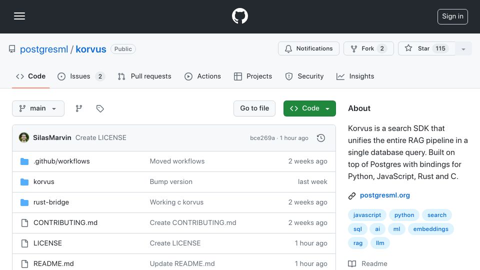 Screenshot of github.com: Korvus: Single-Query RAG with Postgres