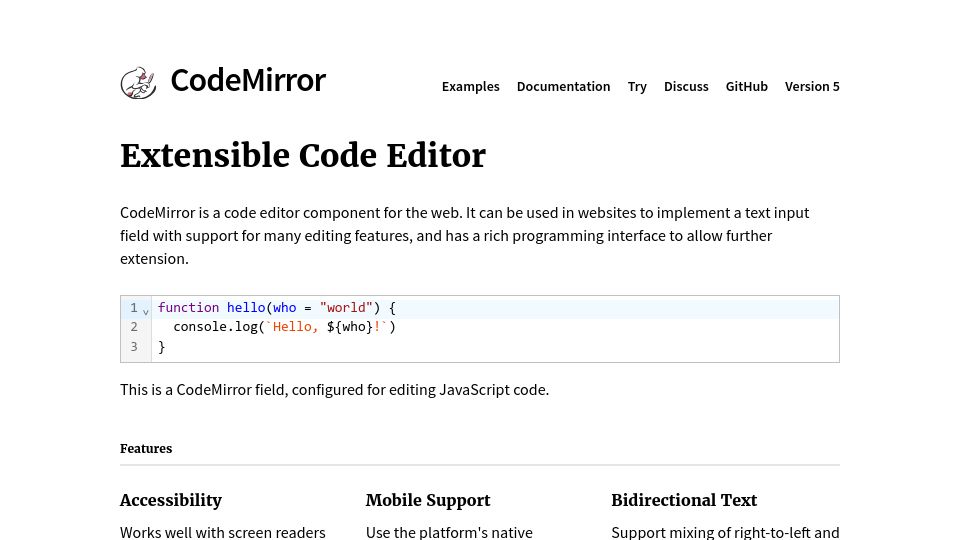 Screenshot of codemirror.net: CodeMirror: Extensible code editor component for the web